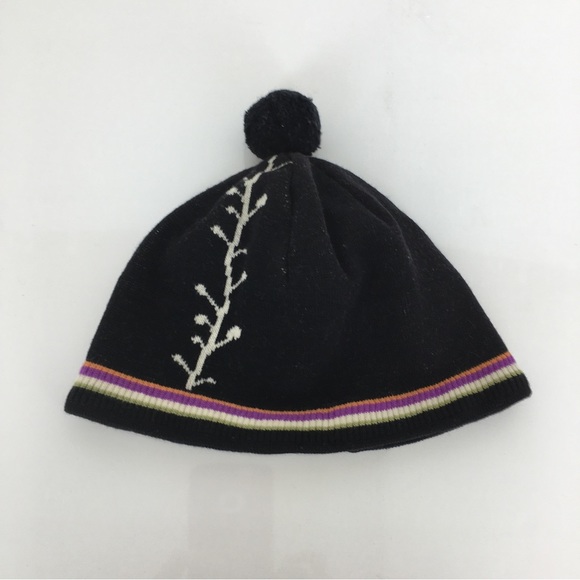 Vintage Turtle Fur Wool Beanie Hat Pom Pom Unisex Black With Colorful Stripes - Picture 2 of 9